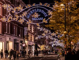 Marylebone High Street looked like a winter wonderland at night time
