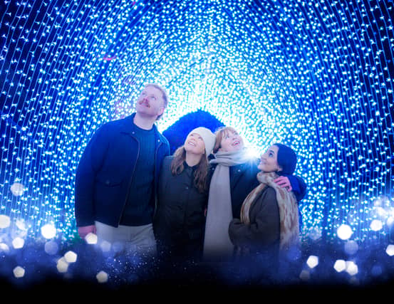 A group of friends enjoy the iconic Christmas Cathedral at Christmas at the Botanics.