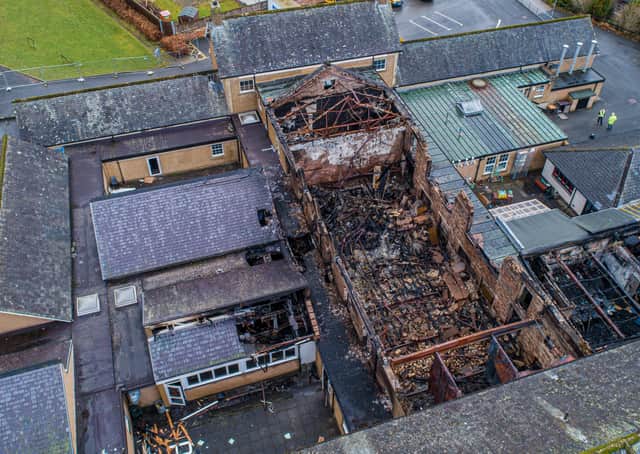 Damage caused by last month's fire at Peebles High School.