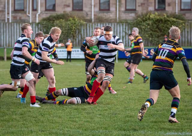 Kelso, in black and white, on a forward surge against Glasgow city rivals Cartha Queen's Park (picture by Gavin Horsburgh)