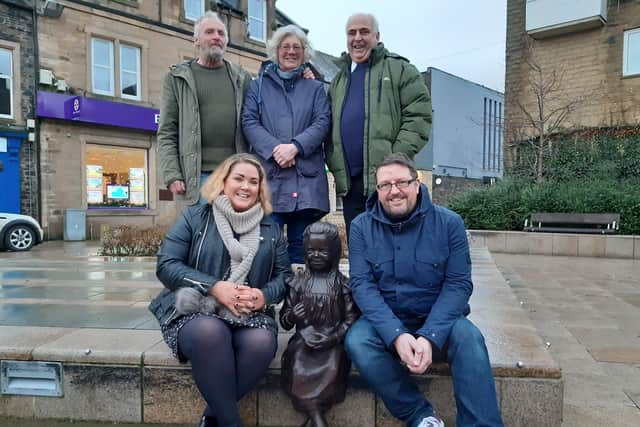 Angela Hunter and husband Brunton with Sandy Aitchison, Pamela Kelly and Graeme McIver alongside the statue of Wee Jeannie in Galashiels.