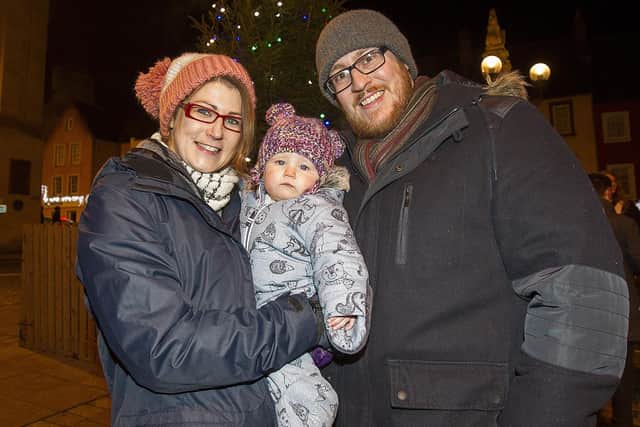 Amy Taylor, Wren and Andy McAllister wrapped up well to enjoy the Christmas tree switch-on.