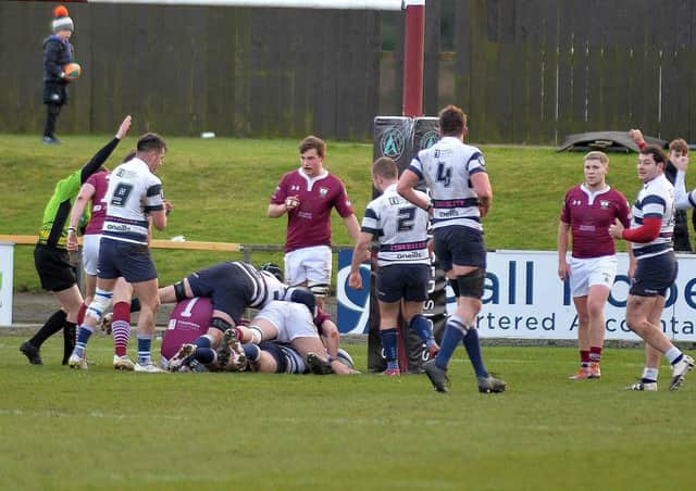 A touchdown for Heriot's by Stephen Martin but the spoils of victory went to home side Gala (picture by Alwyn Johnston)