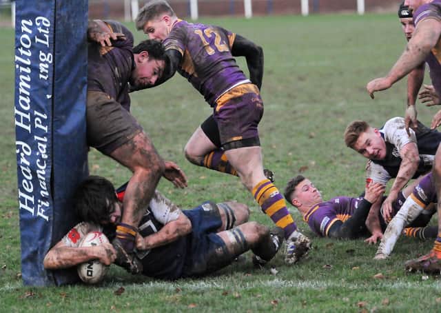 Selkirk's captain Ewan MacDougall goes over for a try against Marr (picture by Grant Kinghorn)