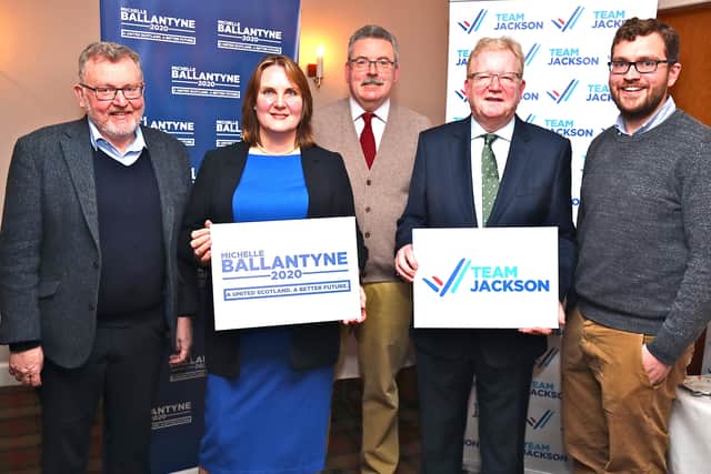 Scottish Tory leadership election candidates Michelle Ballantyne, second from left, and Jackson Carlaw, fourth from left, at hustings in Moffat on Saturday. Looking on, from left, are MP David Mundell, meeting chairman Charles Milroy and MSP Oliver Mundell.