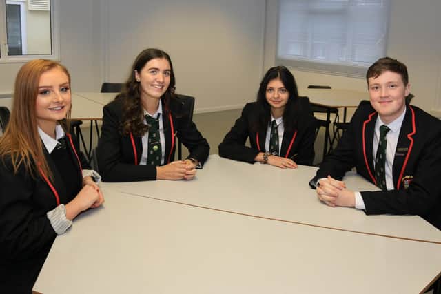 Senior students in one of the new modular classrooms at Peebles High School.