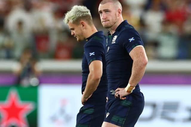 Hawick's Darcy Graham, left, and Stuart Hogg after Scotland's Rugby World Cup defeat by Japan. (Photo by Stu Forster/Getty Images)