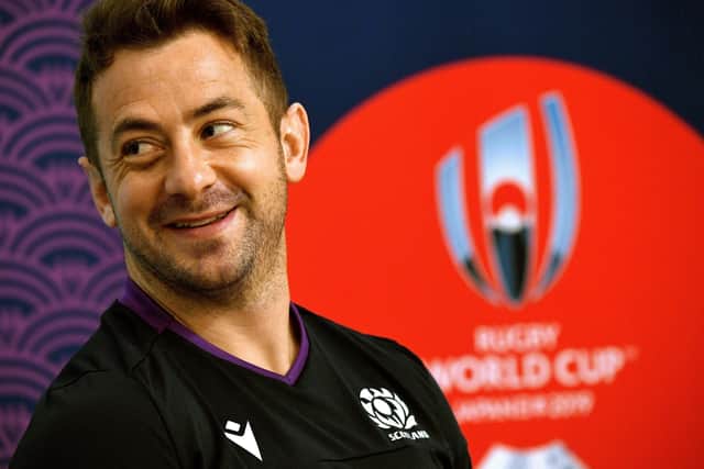 Scotland scrum-half Greig Laidlaw at a press conference in Kobe at the Japan 2019 Rugby World Cup.  (Photo by Filippo Monteforte/AFP via Getty Images)