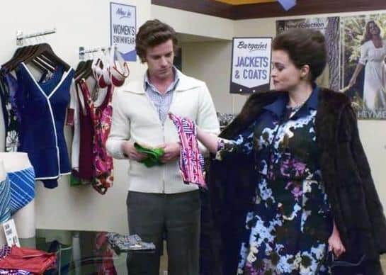 Princess Margaret buying swimming trunks for Roddy Llewellyn, as depicted in The Crown.