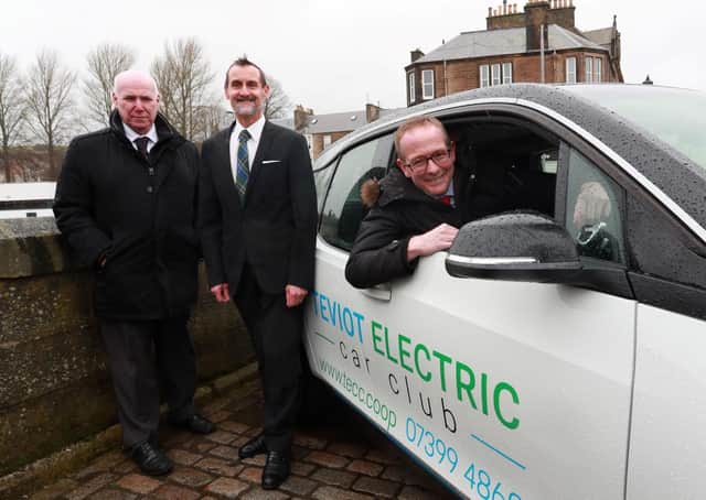 Ian Johnston, district general manager for SP Energy Networks, with Andy Maybury, project manager for Teviot Electric Car Club, and Borders MP John Lamont at the initiative's launch in Hawick.