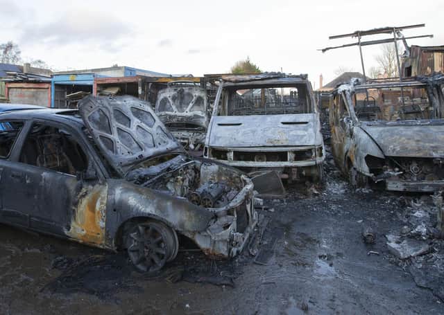 Cars damaged during a blaze at a garage in Spylaw Road, Kelso.