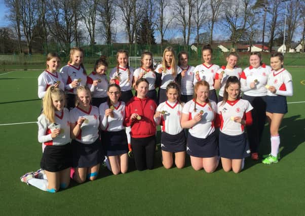 Kelso 2nd X1 with their medals: Back (from left) –  Katie Flint, Roseanna Prentice, Milly Abrams, Lauren White, Hannah Forbes, AmelieJohnstone-Jones, Leah Thom, Evie Hosie, Leanne Oliver and Abby Ford(Joint Captains), Maisie Zabrocki. Front– Lucy Thomson, Sophie Macrae, Rebecca Middlemiss, Niamh O’Brien, Abby Ford, Katie McNulty, Kym Cessford.