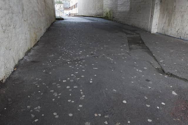 A vennel off Hawick High Street riddled with chewing gum.