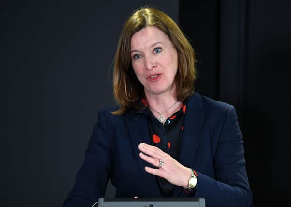 Scottish chief medical officer Catherine Calderwood holding a briefing in Edinburgh today on the coronavirus outbreak spreading across the country. (Photo by Andy Buchanan/Pool/AFP via Getty Images)