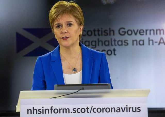 Scottish first minister Nicola Sturgeon giving a press briefing in Edinburgh yesterday on the continuing spread of coronavirus. (Photo by Michael Schofield/WPA/Pool/Getty Images)