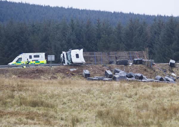 Lorry sheds its load on the A68 at Carter Bar on Tuesday afternoon. Photo: Bill McBurnie