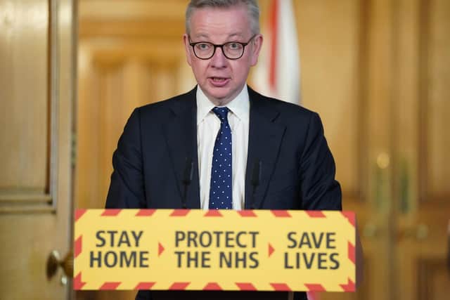The Chancellor of the Duchy of Lancaster, Michael Gove, speaking during a media briefing in Downing Street, London, on coronavirus on Saturday.