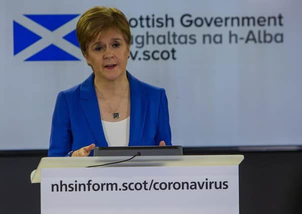 Scottish first minister Nicola Sturgeon giving a briefing on the spread of coronavirus nationwide. (Photo by Michael Schofield/WPA pool/Getty Images)
