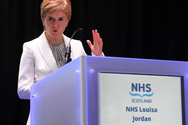 Scotland's first minister, Nicola Sturgeon, on Friday at a field hospital being created in Glasgow. (Photo by Andy Buchanan/WPA pool/Getty Images)