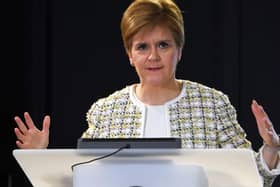 Scottish first minister Nicola Sturgeon at a briefing in Edinburgh today. (Photo by Andy Buchanan/Pool/AFP via Getty Images)