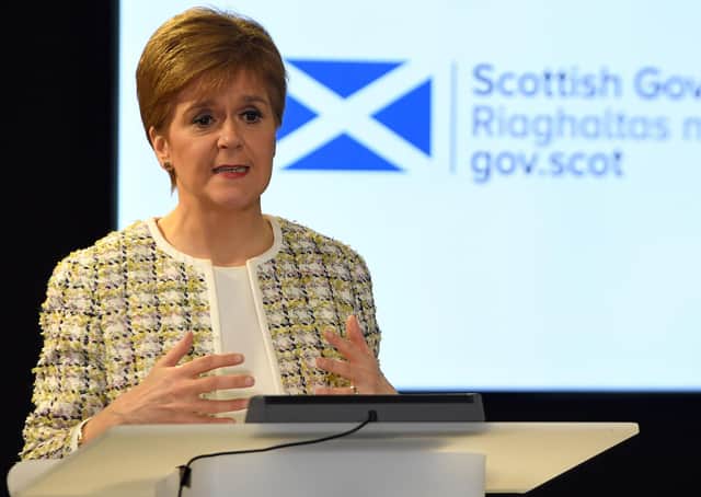 Scottish first minister Nicola Sturgeon giving a briefing in Edinburgh today. (Photo by Andy Buchanan/Pool/AFP via Getty Images)