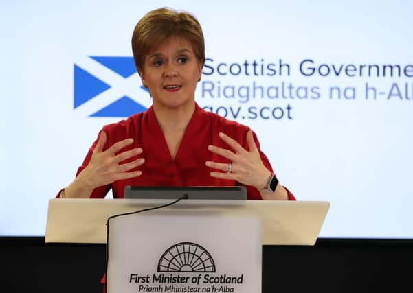 Scotland's first minister, Nicola Sturgeon, holding a briefing in Edinburgh on the Covid-19 outbreak as the death toll in the UK reached 144 today,  March 20. (Photo by Andrew Milligan/Pool/AFP via Getty Images)