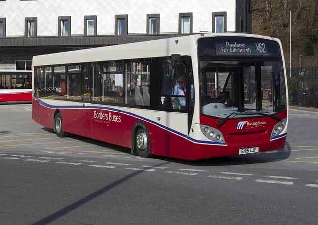 An X62 bus for Edinburgh via Peebles at Galashiels transport interchange.