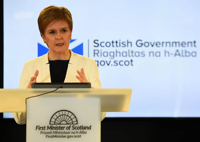 Scotland's first minister, Nicola Sturgeon, holding a briefing on the novel coronavirus Covid-19 outbreak in Edinburgh yesterday. (Photo by Andy Buchanan/Pool/AFP via Getty Images)