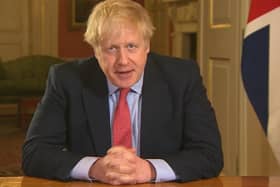 UK Government prime minister Boris Johnson addressing the nation on TV from 10 Downing Street in London as he announced a lockdown intended to stop the spread of coronavirus.