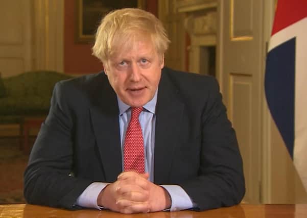 UK Government prime minister Boris Johnson addressing the nation on TV from 10 Downing Street in London as he announced a lockdown intended to stop the spread of coronavirus.