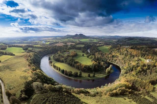 An aerial view of the River Tweed with the Eildon Hills in the background. Photo: Jim Gibson