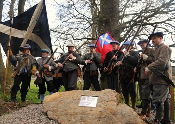 Historical re-enactors at the opening of a walk at the Philiphaugh battlefield in 2013.