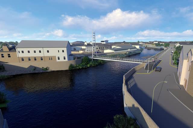A visualisation of how Hawick's forthcoming flood defences, now priced at £88m, will look at the James Thomson bridge.
