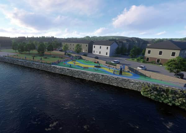 A visualisation of how Hawick's forthcoming flood defences, now priced at £88m, will look at the Little Haugh.