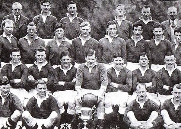 Selkirk’s 1953 team which won the Scottish Championship and Border League double, with Tom Brown second from left in the back row.