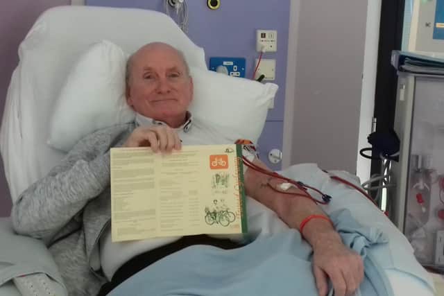 Thom Veitch, 71, of Galashiels, hooked up to a dialysis machine.