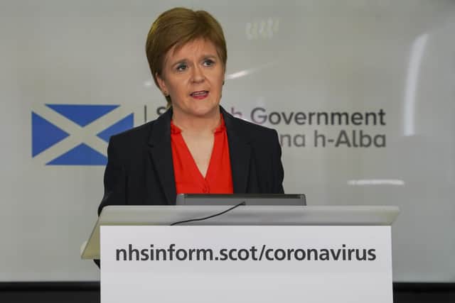 Scottish Government first minister Nicola Sturgeon at a briefing in Edinburgh yesterday.