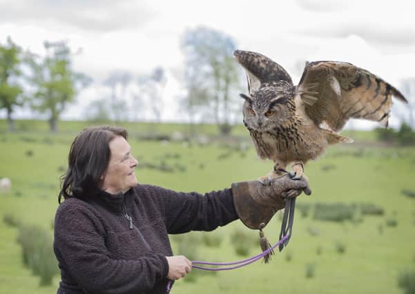 Helen Chadfield of Falconry Borders with a European Eagle Owl. Photo: Jennifer Charlton Photography.