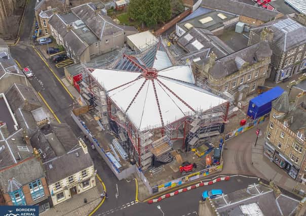 A bird's-eye view of construction work under way on the Great Tapestry of Scotland visitor centre in Galashiels.