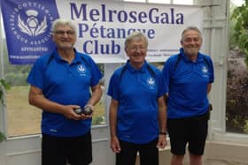 The team from Melrose/Gala Pétanque Club which represented Scotland in the Home Nations Championship  held in Jersey in August 2018. From left, Peter Harrington, whose role was 'milieu', Ron Anderson, 'pointer' and Charlie Coward. ' shooter'.