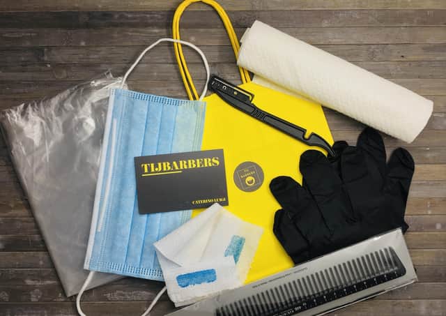 The PPE kit includes: disposable face mask, cape, neck strip, paper towel, gloves, comb and razor.