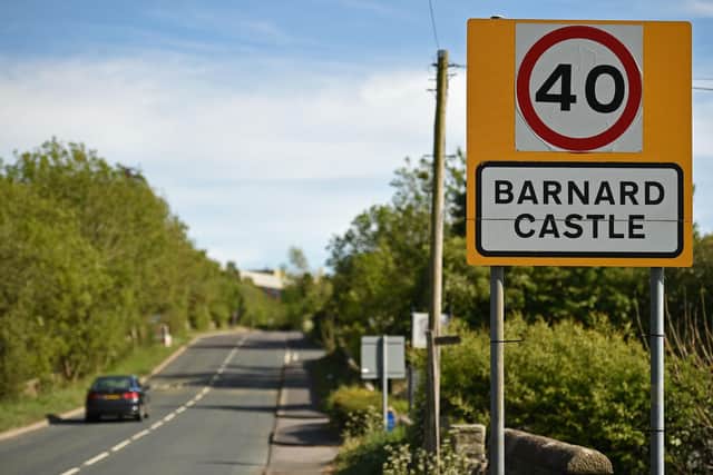A road sign is pictured on the outskirts of Barnard Castle, less than 30 miles southwest of Durham, north east England, on May 25, 2020, a popular tourist village that Number 10 Downing Street special advisor Dominic Cummings acknowledged he visited during the COVID-19 lockdown. - British Prime Minister Boris Johnson's top adviser Domonic Cummings said Monday he acted "reasonably and legally" despite mounting pressure on him to resign for allegedly breaking coronavirus lockdown rules. "I don't think there is one rule for me and one rule for all people," Cummings told reporters in his first official press conference on the job. "In all circumstances, I believe I behaved reasonably and legally." (Photo by Oli SCARFF / AFP) (Photo by OLI SCARFF/AFP via Getty Images)