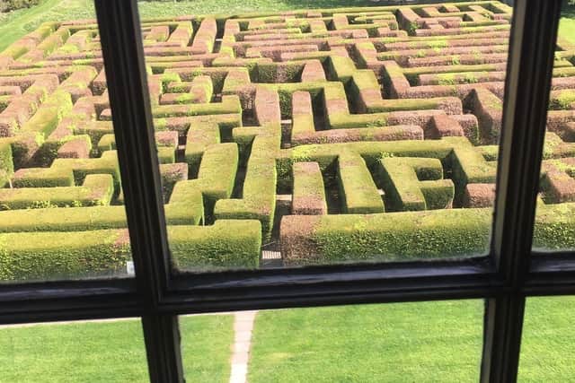 A view of Traquair’s maze through one of the house’s windows.