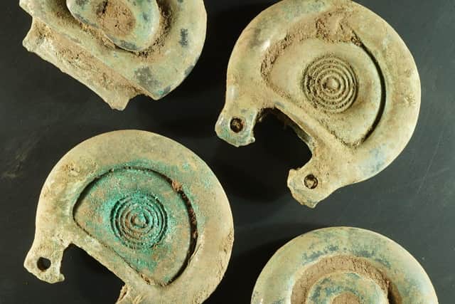 Objects found by Mariusz Stepien near Peebles believed to be decorative and functional pieces of a Bronze Age horse harness.