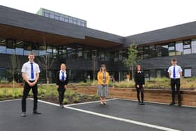 Pupils, from left: Duncan Little, Emma Brown, Cayley Webster and Jay Bathgate, flank head teacher Susan Oliver at the new campus.