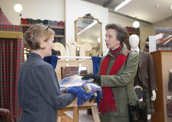 Dawn Robson-Bell, managing director of Lochcarron of Scotland, with Princess Anne on a visit to the mill and visitor centre in 2017.