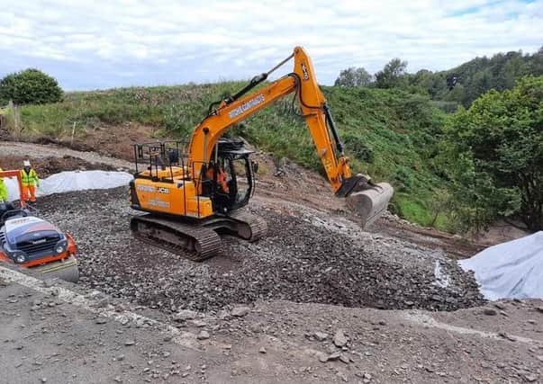 The embankment next to the collapsed section of the A68 is almost up to road level and the road is set to reopen early next week.