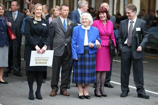 Rail campaigners including Madge Elliot, centre, and Simon Walton, far right, at Edinburgh's Waverley station five years ago for the official unveiling of the Borders Railway.  (Photo by Andrew Milligan/WPA pool/Getty Images)