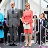 Queen Elizabeth II declaring the Borders Railway open on September 9, 2015, accompanied by the Duke of Edinburgh and Nicola Sturgeon.  (Photo by Chris Jackson/Getty Images)