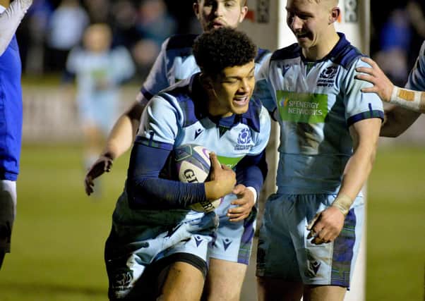 Jacob Henry after touching down for Scotland in and U20s game at Netherdale against France (library image by Alwyn Johnston).